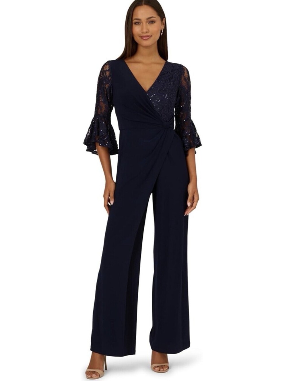 Adrianna Papell Lace Combo Jumpsuit Flare Sleeve Size 14 Midnight NWT $189